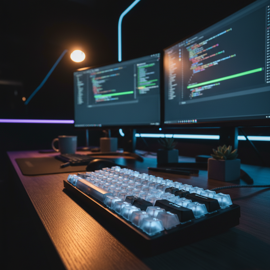 A moody, cinematic shot of a mechanical keyboard on a desk, with a glowing code editor on a monitor in the softly blurred background.