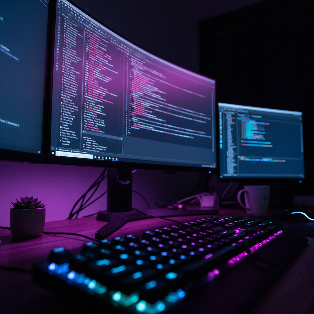 A mechanical keyboard on a desk with a monitor showing code in a cinematic, dark studio environment.