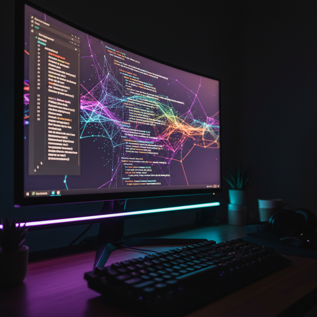 A mechanical keyboard and a glowing monitor displaying code in a dark, neon-lit developer studio.