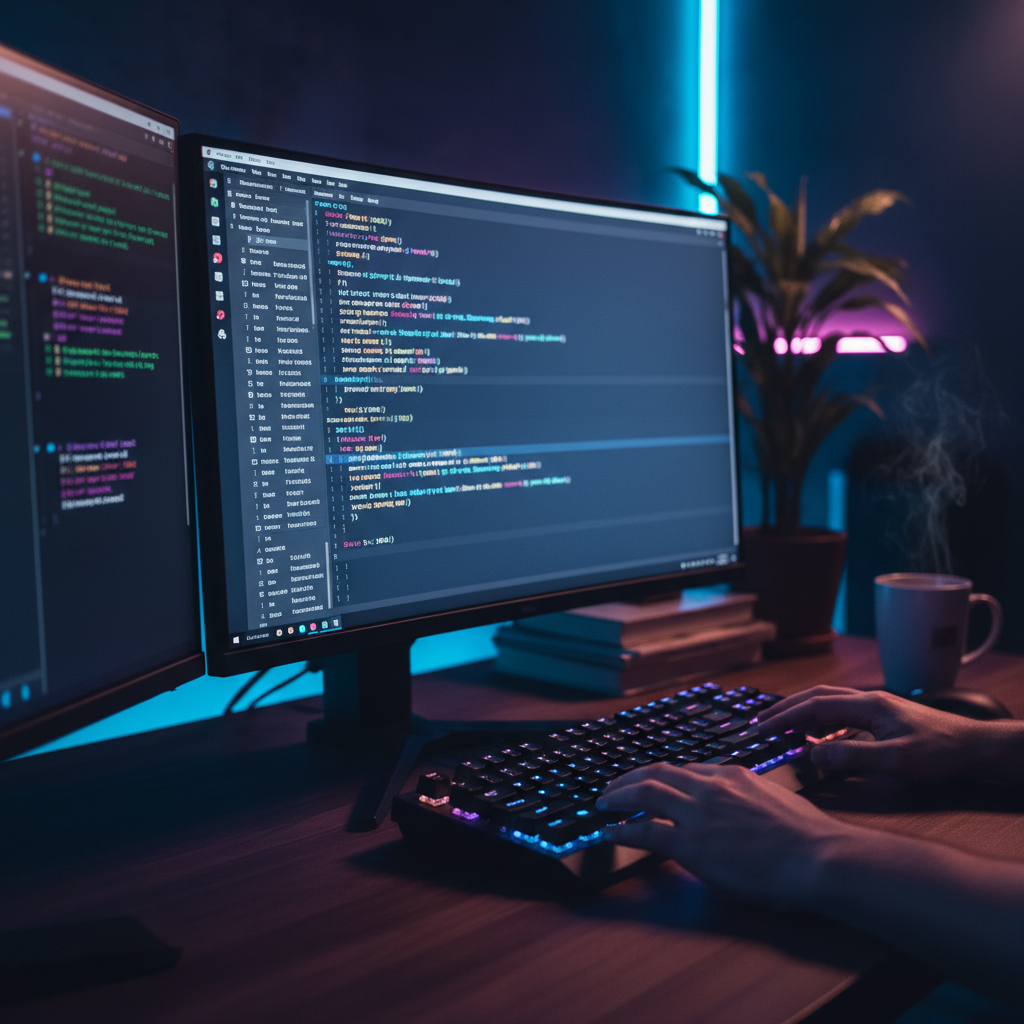 A developer's desk with a glowing monitor showing code, a mechanical keyboard, and neon lights in a dark studio.