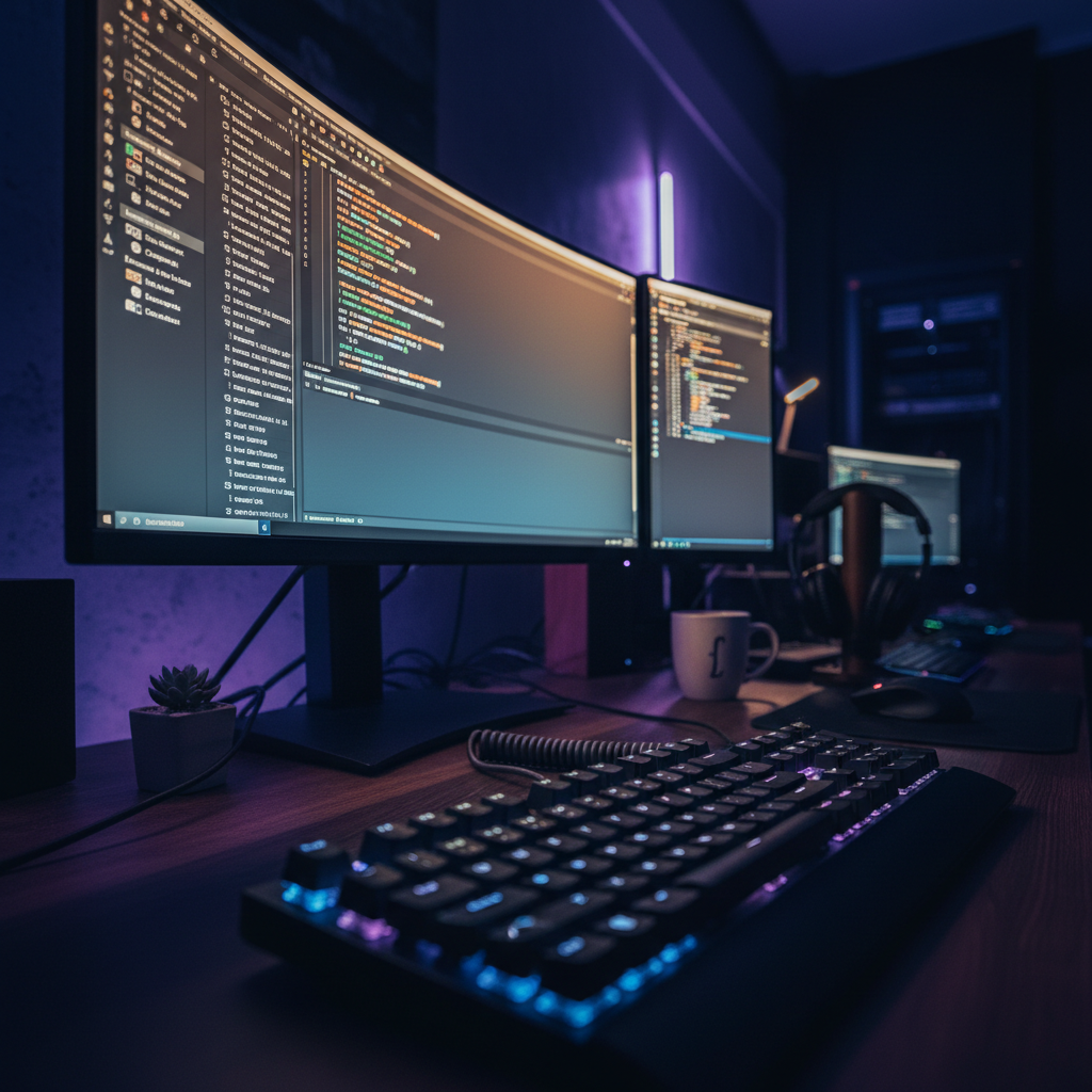 A developer's desk at night with code on the screen, illustrating the concept of API-first backend architecture.