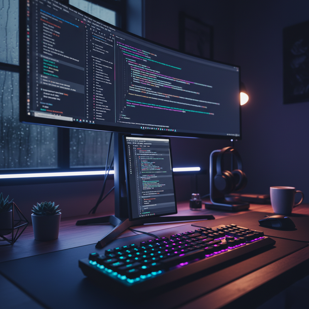 A developer's desk with a glowing mechanical keyboard and code on a monitor in a dark studio setting.