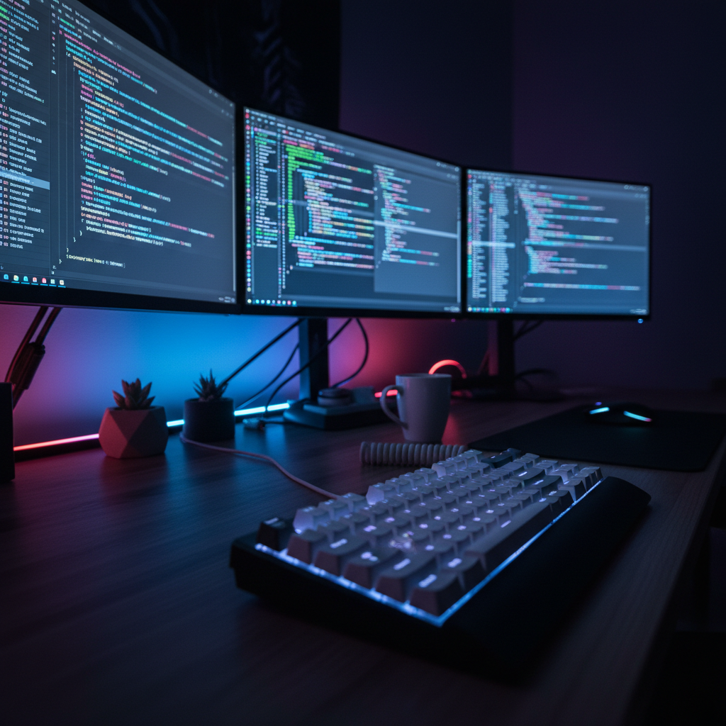 A developer's desk with glowing code on monitors, representing an internal tools development environment.