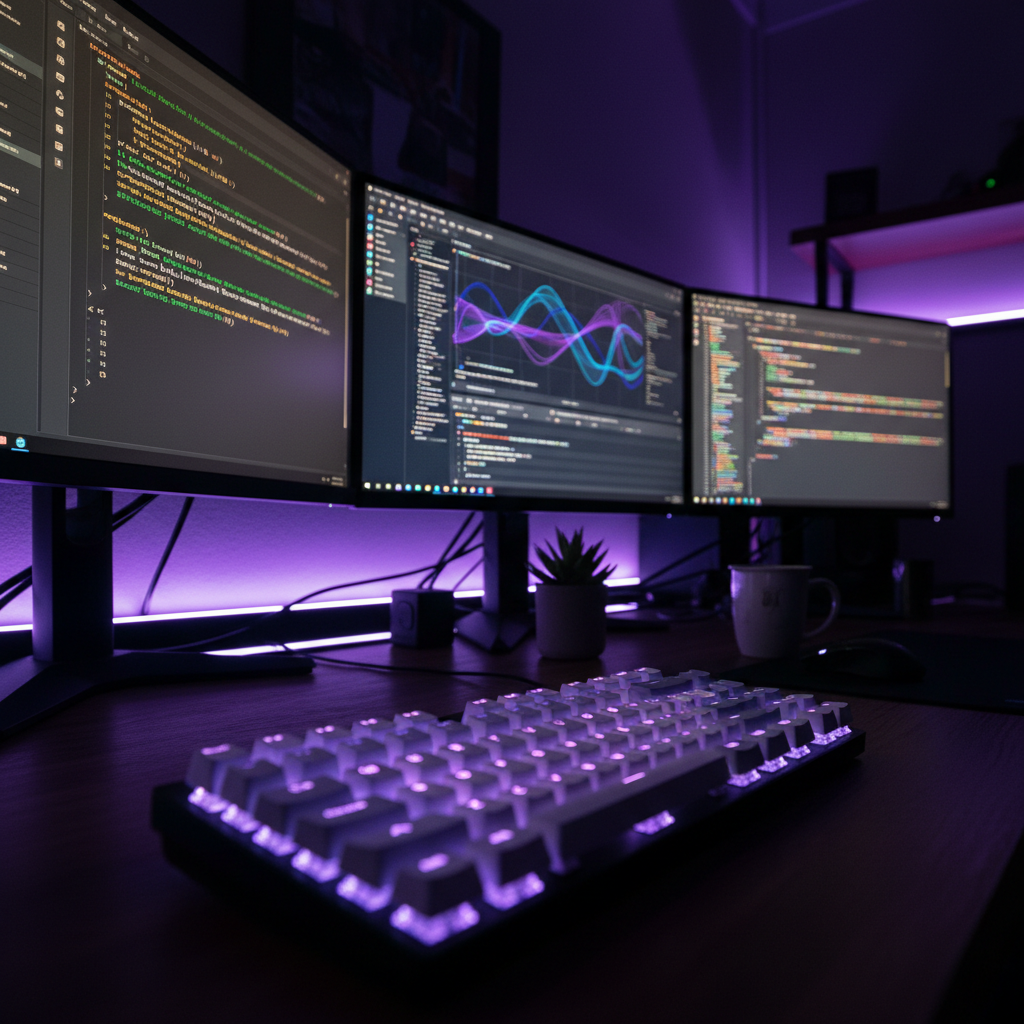 A close-up of a developer's desk with a glowing keyboard, with code on monitors in the softly-lit background.