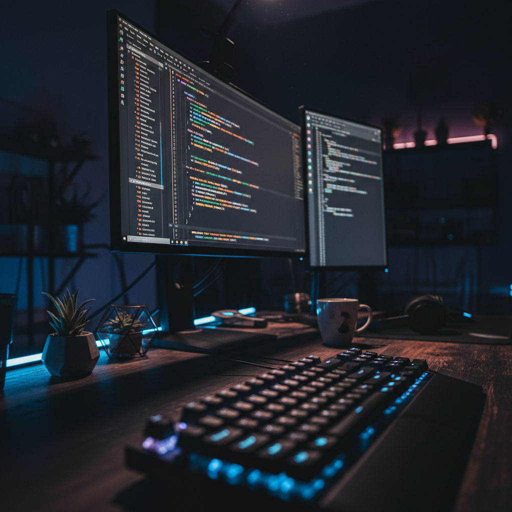 A close-up of a developer's desk at night, with a glowing monitor showing code in the background and a mechanical keyboard in the foreground.