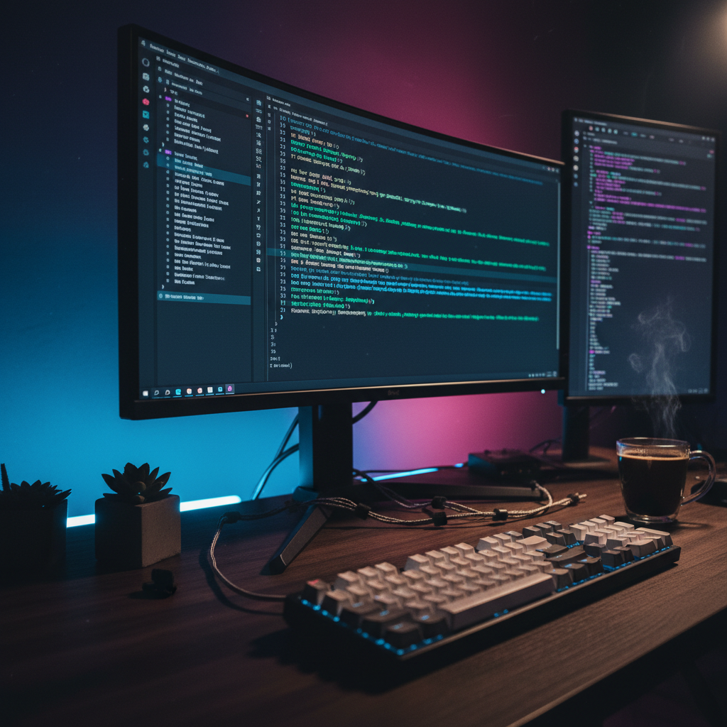 A developer's desk with a glowing monitor showing code, representing building a marketplace web app.