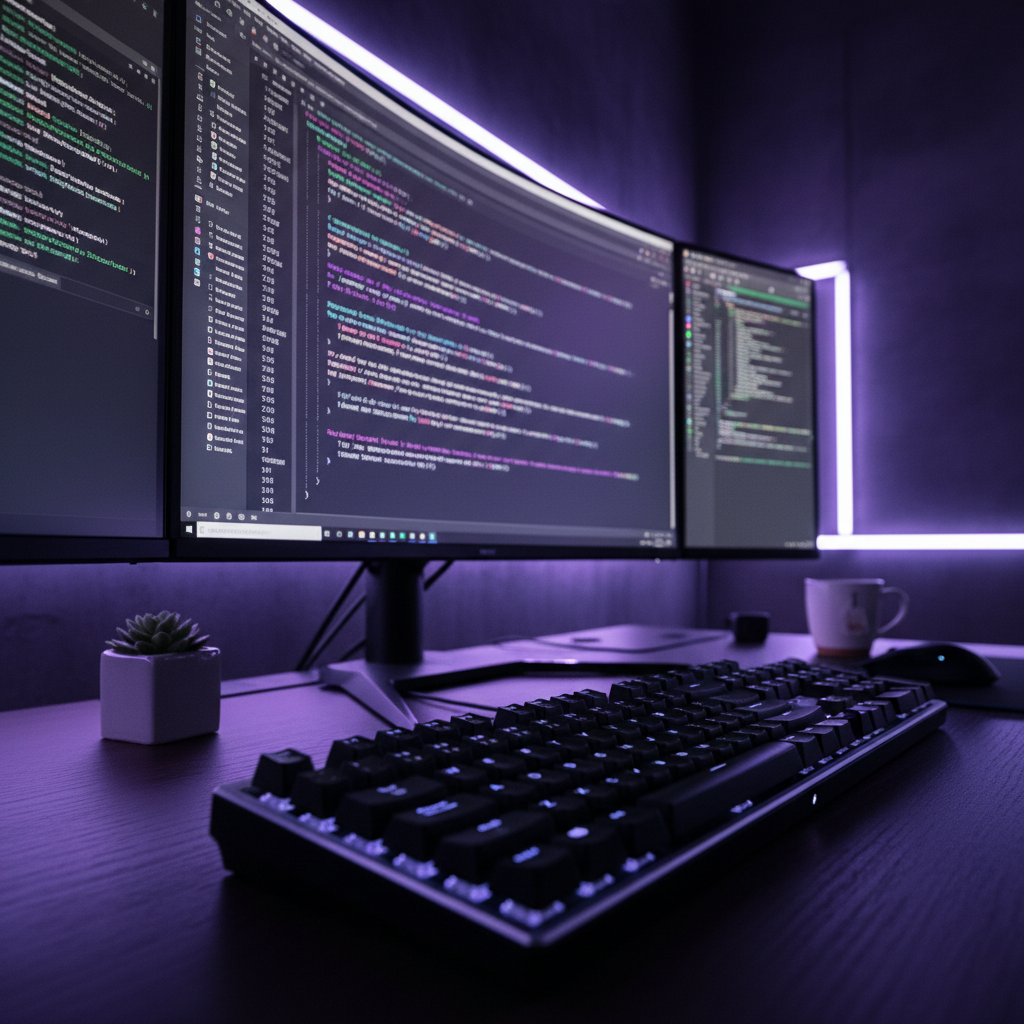 A developer's desk at night with a glowing monitor showing code in a modern software studio.