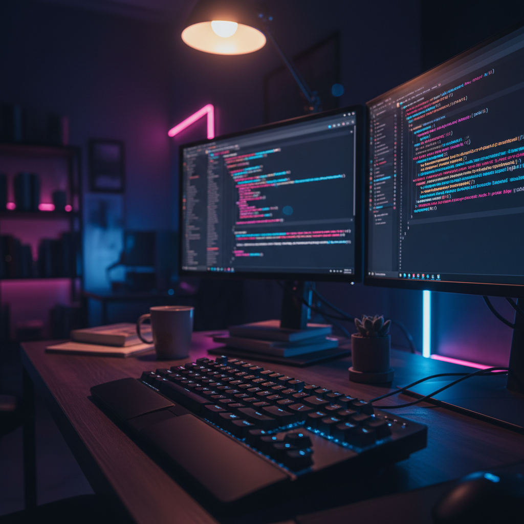 A dimly lit developer workspace with a glowing keyboard and monitor displaying code, representing software development costs.