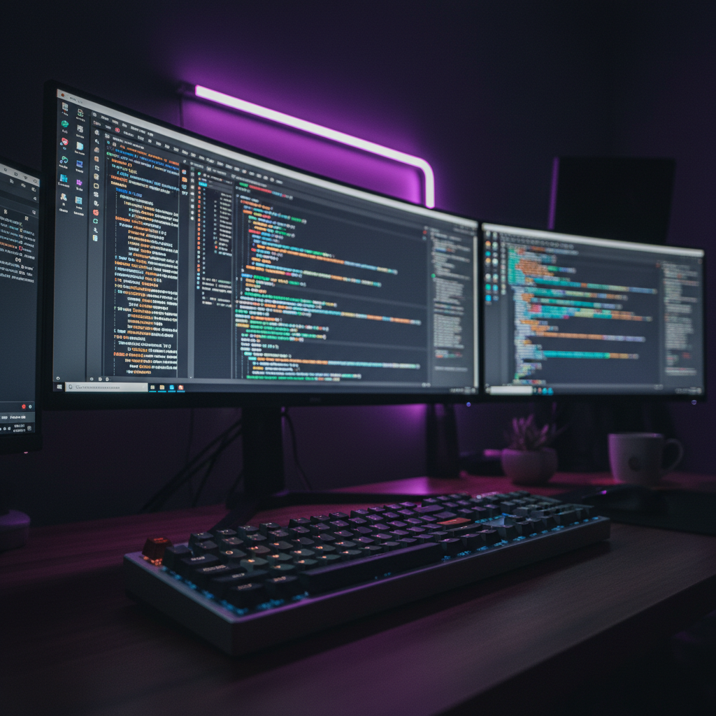A dimly lit developer workspace with lines of code glowing on a monitor, viewed over the top of a mechanical keyboard.