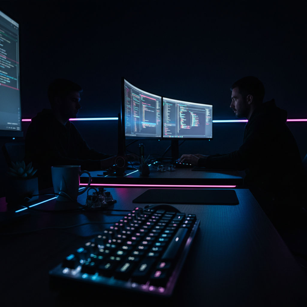 A dimly lit developer studio with code on glowing monitors and a mechanical keyboard in the foreground.
