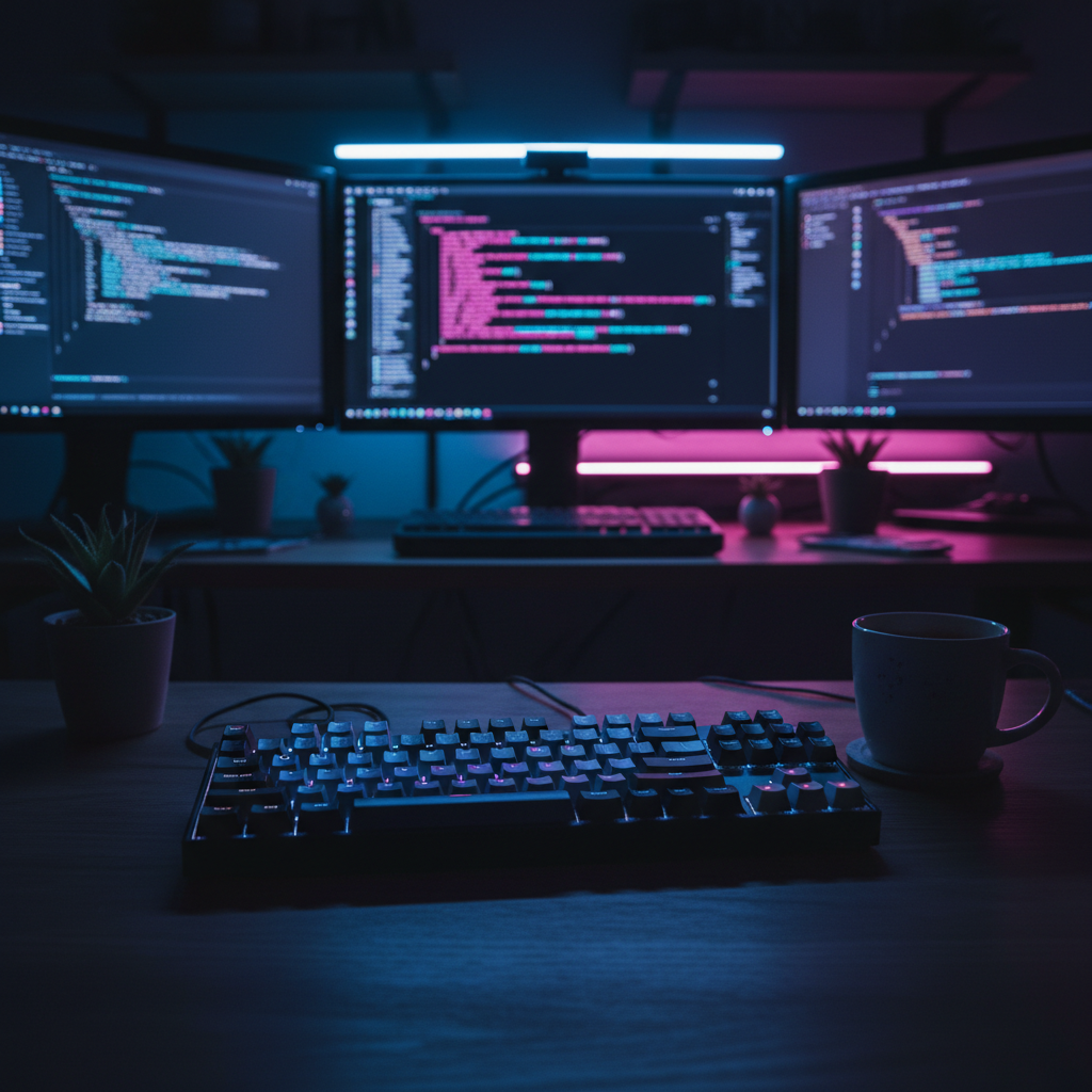 A developer's desk at night with a glowing keyboard, with code on monitors in the background, representing MVP development.