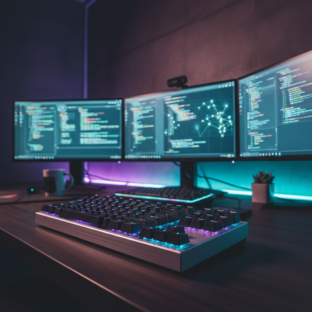 A dimly lit software development studio with glowing monitors displaying code and graphs.