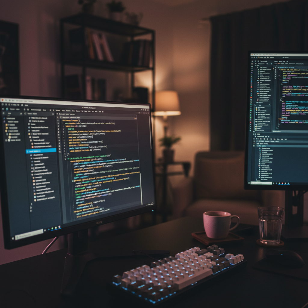 Code on a monitor in a dark developer studio with cinematic lighting and a shallow depth of field.