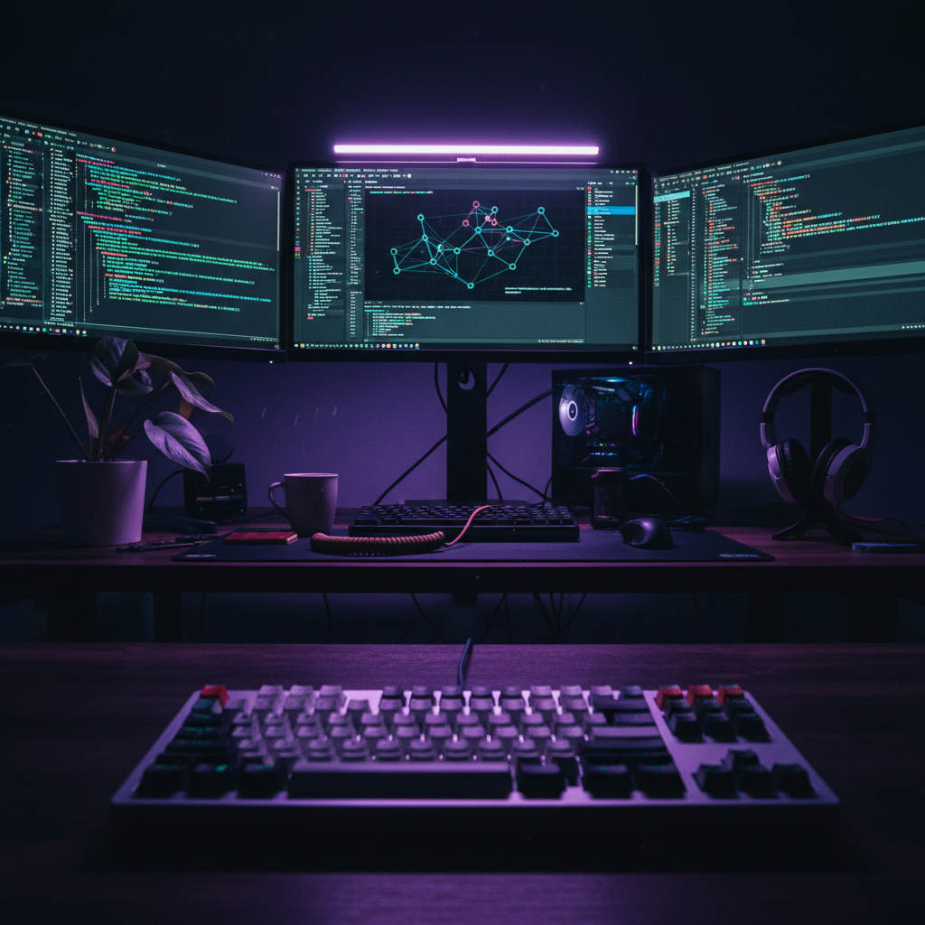 A developer's desk at night with glowing monitors, code, and a mechanical keyboard, symbolizing a custom software build.