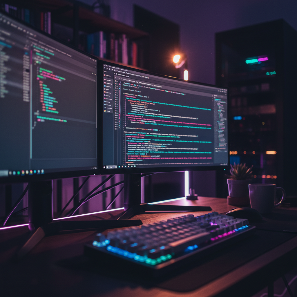 A close-up of a developer's desk at night, with a glowing monitor showing code and a mechanical keyboard in the foreground.