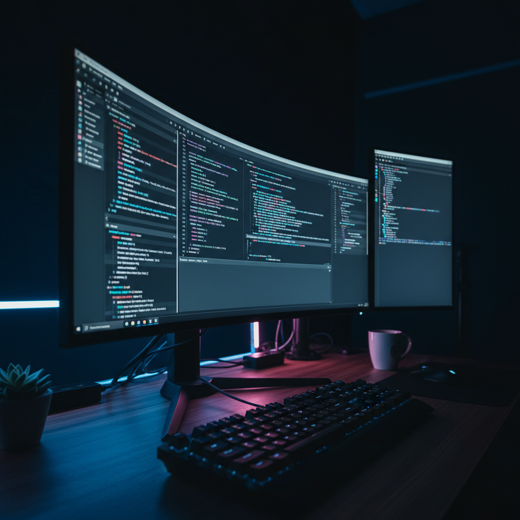 A developer's desk at night with code on a glowing monitor, reflecting neon lights.