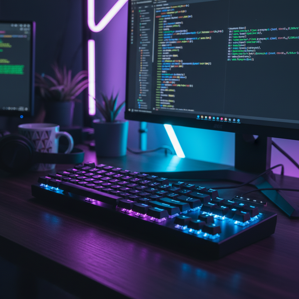 A developer's desk with a glowing monitor and keyboard, representing the choice between PWA and native app development.