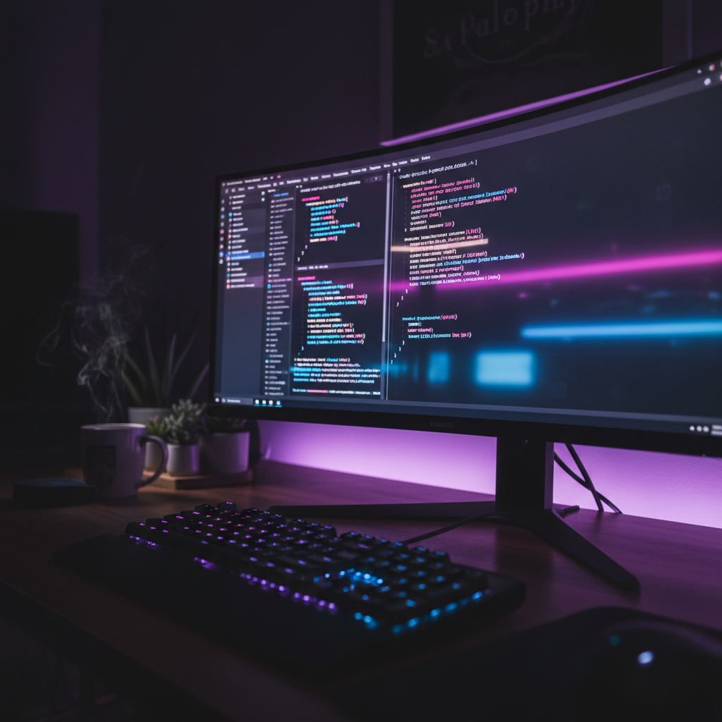 A developer's desk with a monitor showing code for a realtime chat app, lit by neon lights in a dark, focused environment.