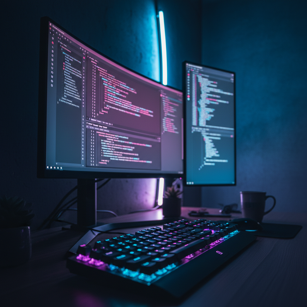A developer's desk with a glowing keyboard and a monitor showing code, representing the process of internal tools development.