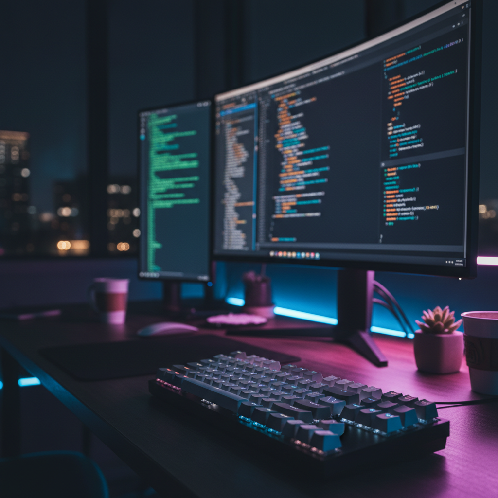 A developer's desk at night, with a glowing monitor showing PostgreSQL code and a mechanical keyboard in the foreground.
