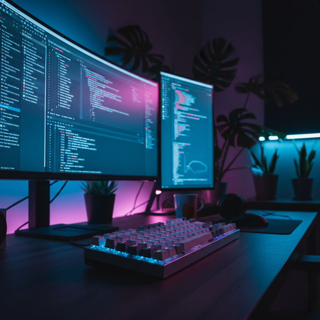 A modern developer's desk with a glowing monitor displaying code and a mechanical keyboard, representing a custom software studio.