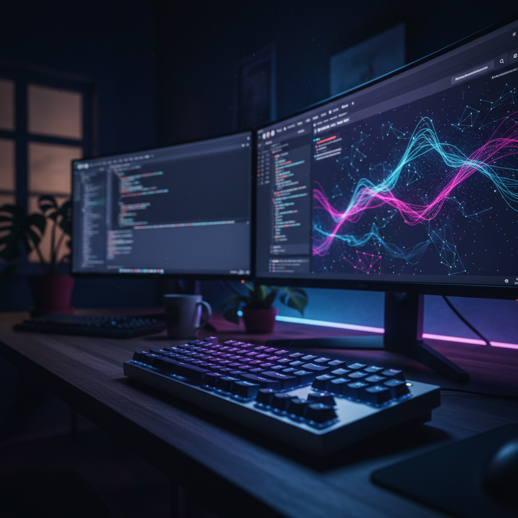 A close-up shot of a developer's desk with a glowing keyboard and a monitor displaying code for an admin dashboard.
