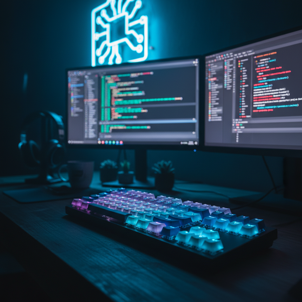 A developer's desk at night, with a glowing keyboard and a monitor displaying API code, representing API-first development.