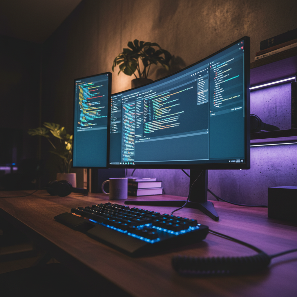 A dark developer workspace with a glowing monitor displaying code, a mechanical keyboard, and neon accent lighting.