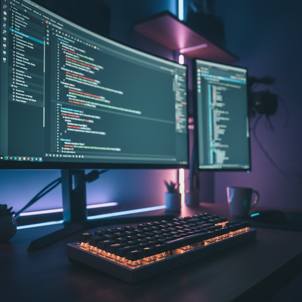 A developer's desk at night with a glowing monitor showing code for serverless background jobs and a mechanical keyboard.