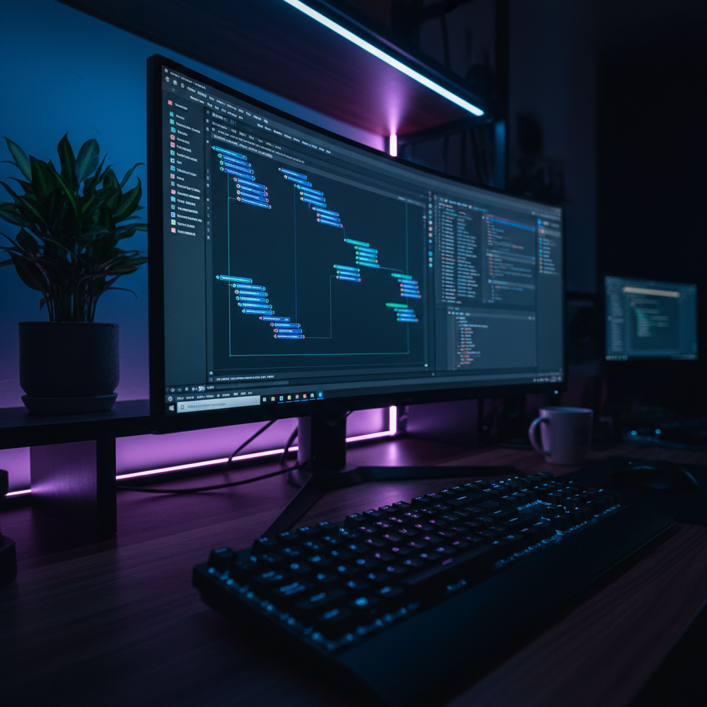 A close-up of a developer's desk with a monitor showing a workflow automation interface in a dimly lit studio.