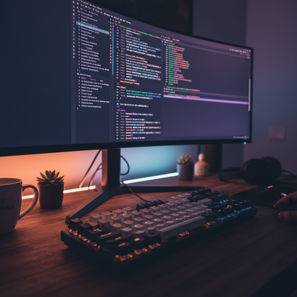 Close-up of a mechanical keyboard on a desk, with a monitor displaying code out of focus in the background of a dark room.