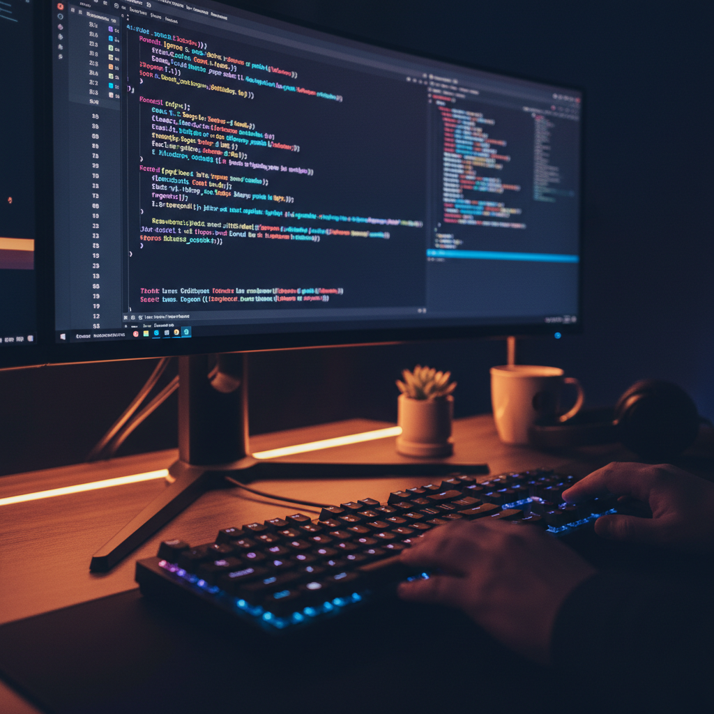 A developer's desk with a glowing keyboard and a large monitor displaying code in a dimly lit room.
