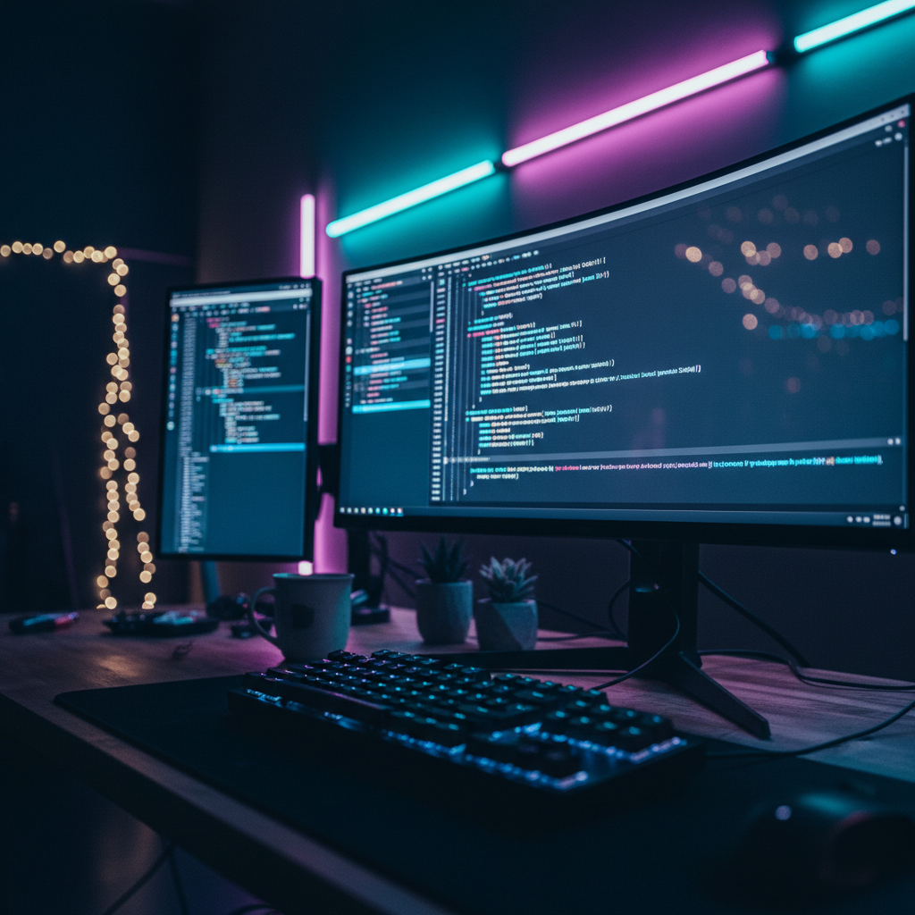 A developer's desk with a glowing monitor displaying code and a mechanical keyboard in a dark, neon-lit software studio.