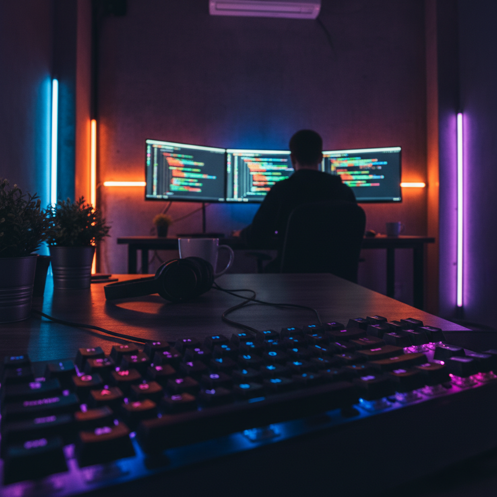 A moody, cinematic shot of a software developer's desk with a glowing keyboard and code on monitors in the background.