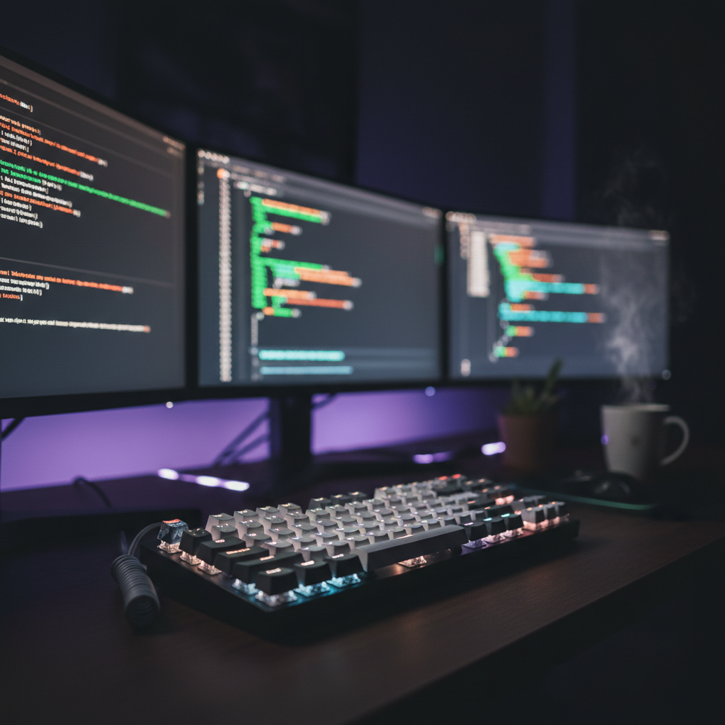 A mechanical keyboard in a dark developer studio with code on screens in the background, representing a software rebuild project.