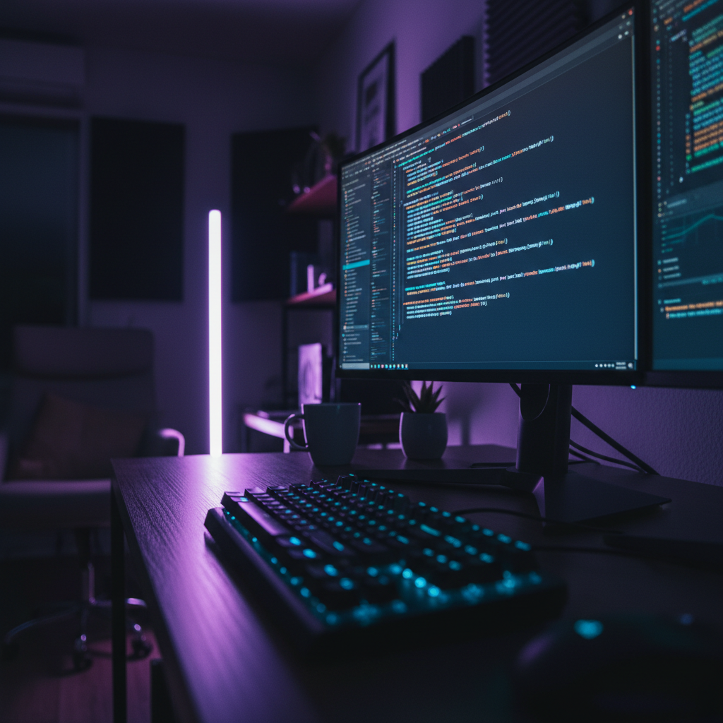 A developer's desk at night with a monitor showing code, representing the choice between PWA and native app development.