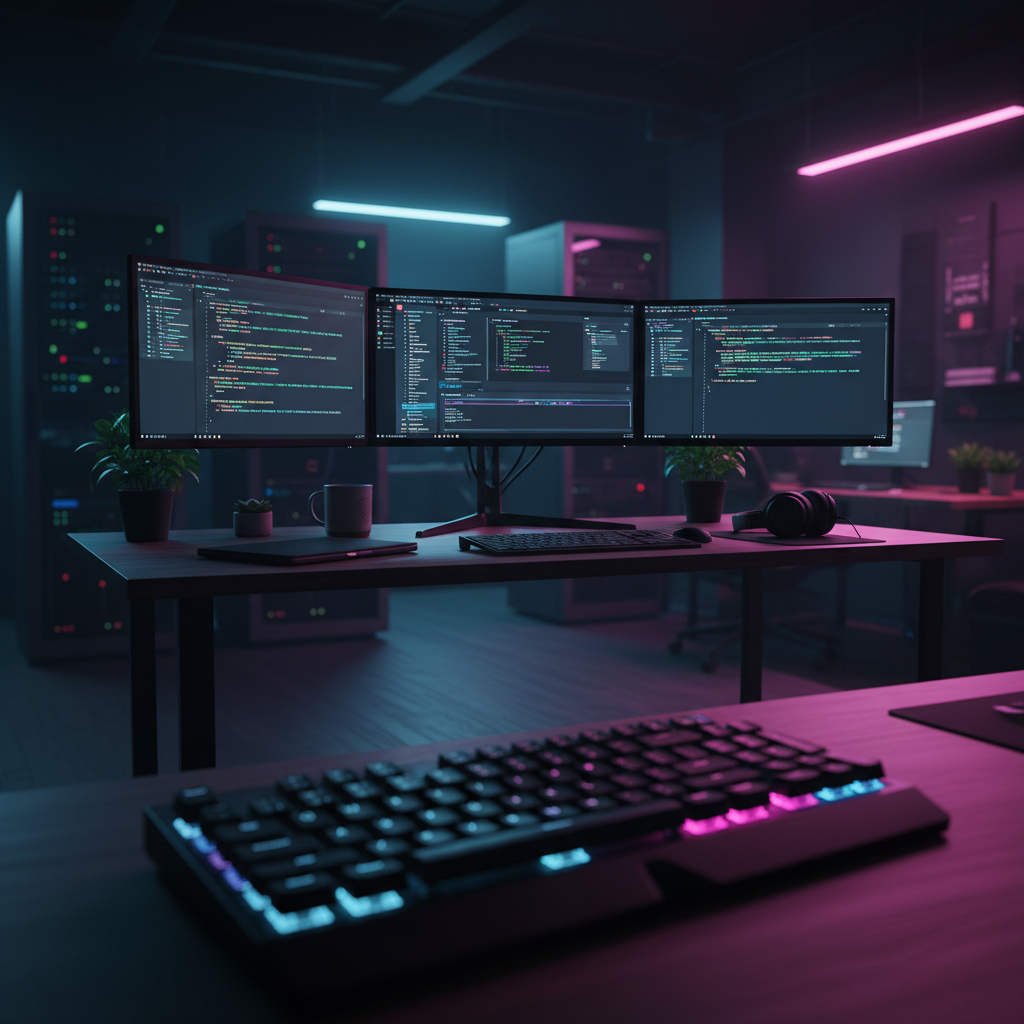 A moody, cinematic shot of a developer's desk with glowing monitors and a mechanical keyboard, representing web app development.