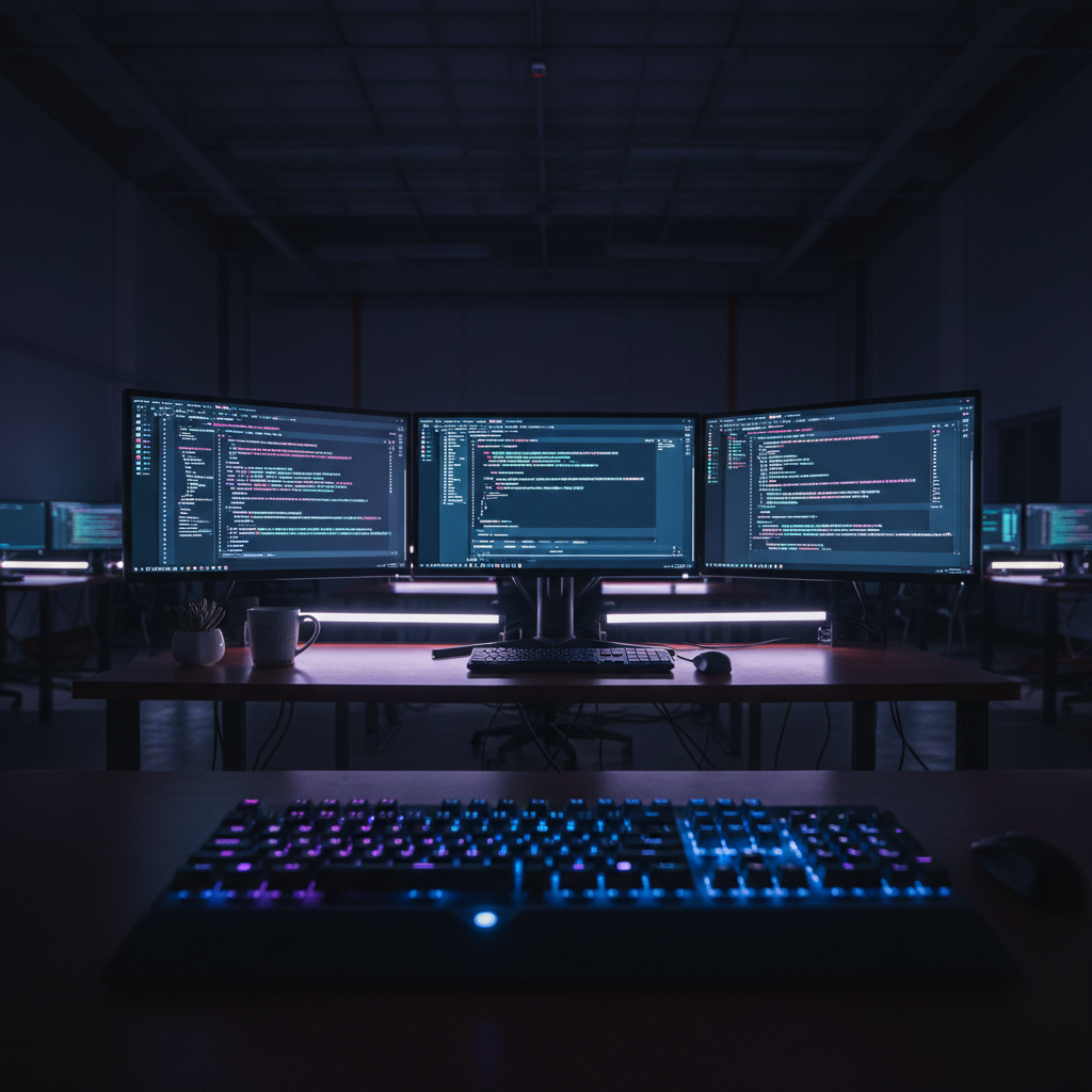 A developer's desk at night with glowing monitors showing code, representing the process of building a custom B2B customer portal.