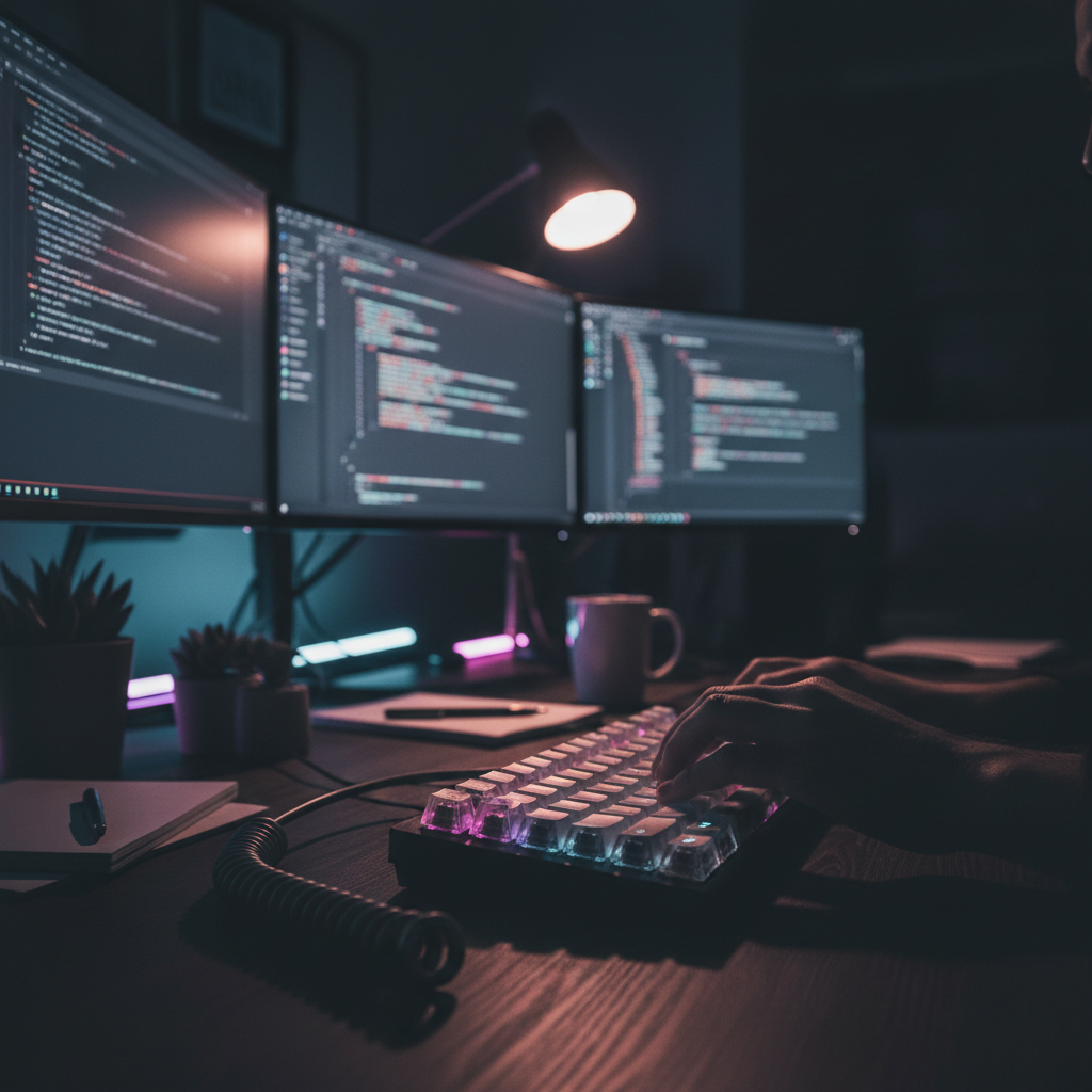 A developer's hands on a keyboard in a modern studio, with code on monitors in the background, representing software development models.