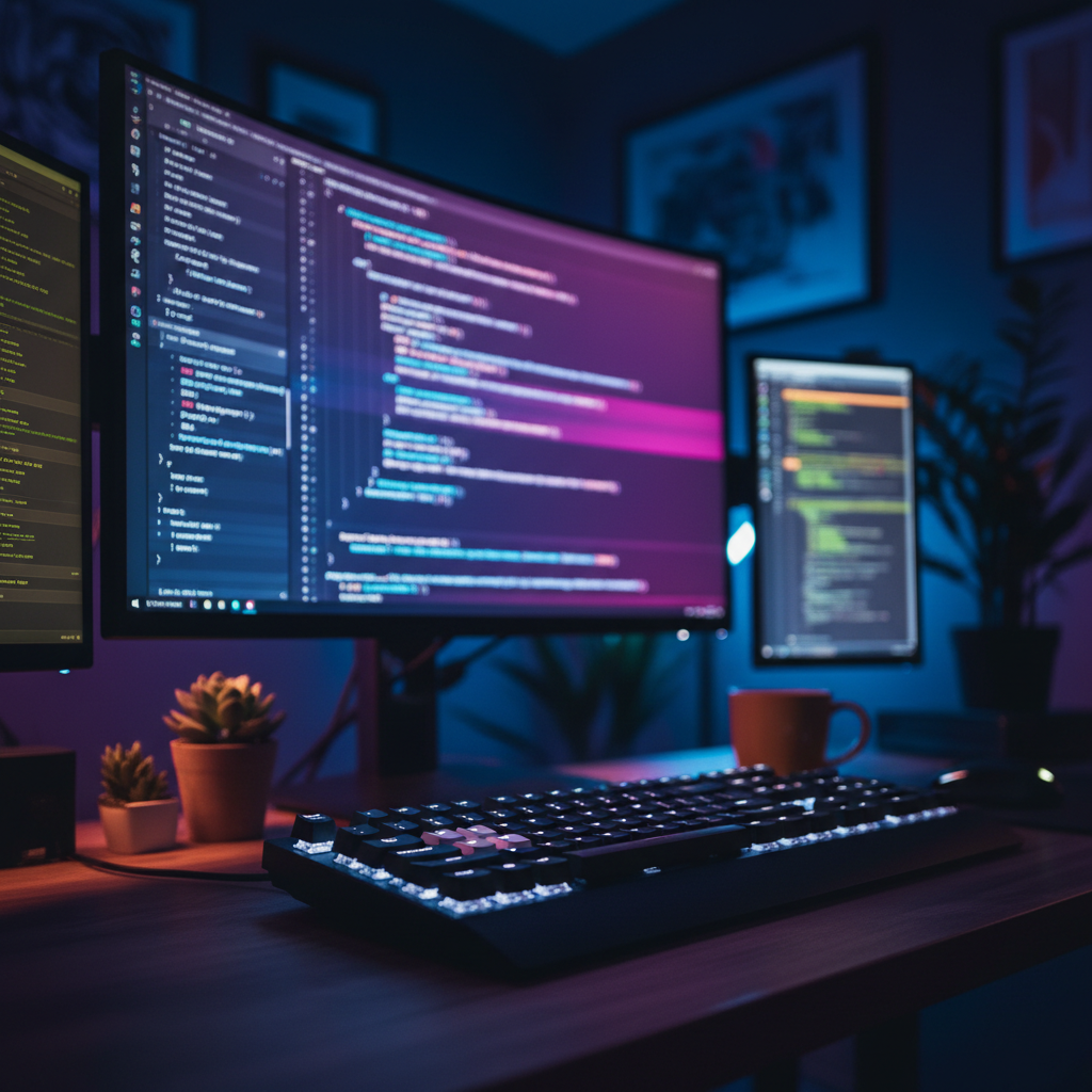 A close-up of a developer's keyboard with glowing code on a monitor in the background, representing SaaS MVP development.